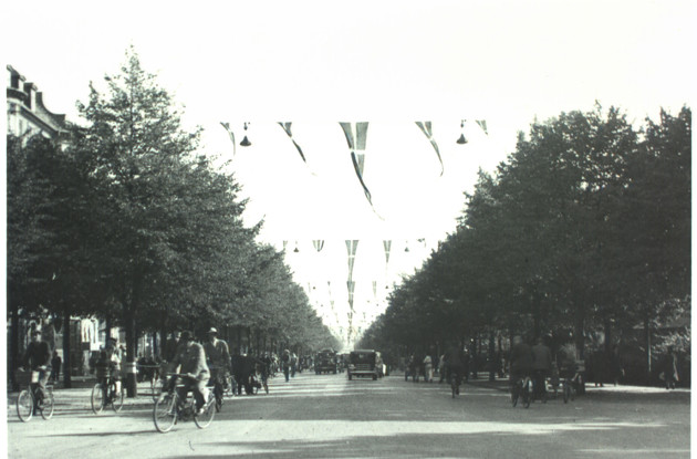 Frederiksberg Allé udsmykket med flag i anledning af Kong Christian den Tiendes 75-års fødselsdag